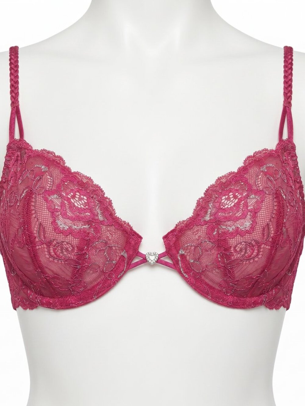 Jezebel Lace Bra 38B NWT Sheer Underwire Raspberry Pink 10345 Heart